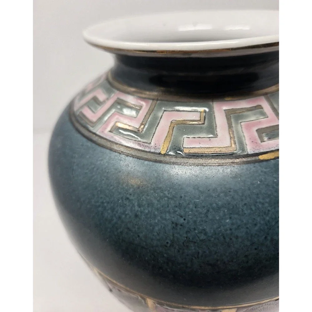 Vintage Japanese Style Porcelain‎ Vase Green Cloisonne Look Pink Floral 10